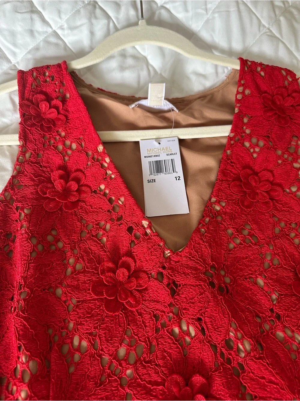 Michael Kors Red Floral Lace Midi Dress with Waist Trim